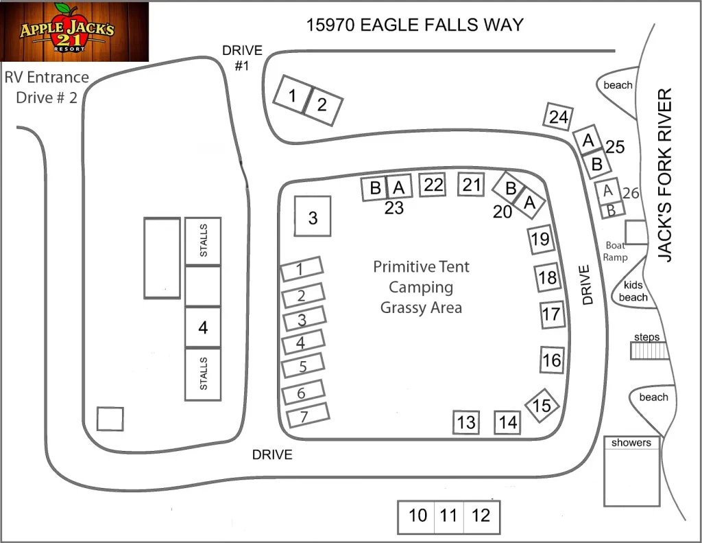 Campground Map of Applejacks 21 in Eminence Missouri on the Jacks Fork River